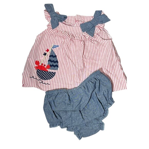 Mud Pie 3-6m NWOT pinafore bloomer set crab Sailboat nautical Sail away red blue - Picture 1 of 3